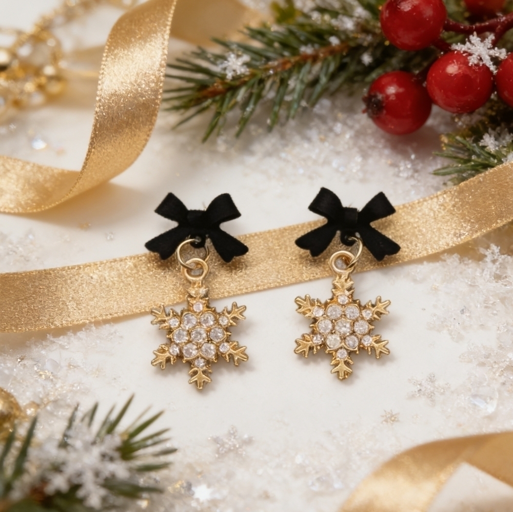 NEW Crystal Snowflake Drop Earrings Black Bow Winter Holiday Gift